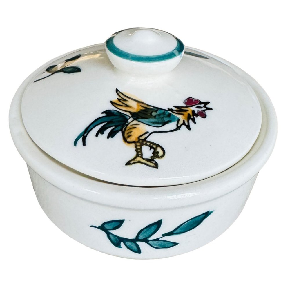 Vintage Acme Mini Lidded Trinket Dish Painted Rooster Chicken Graphics Japan